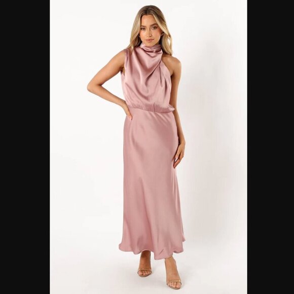 Petal & Pup Anabelle Dusty Pink Satin Halter Neck Midi Dress S - Picture 1 of 8